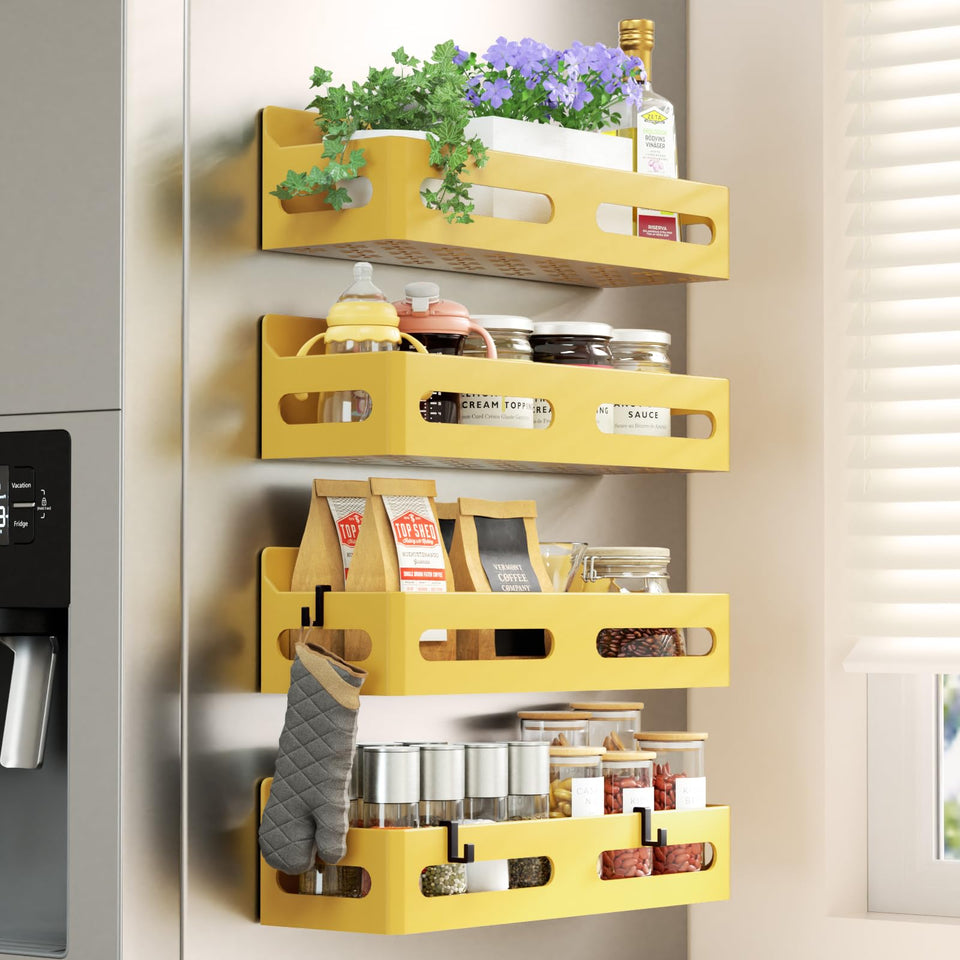 Sevenblue strong magnetic spice rack on fridge door keeps spices within easy reach.