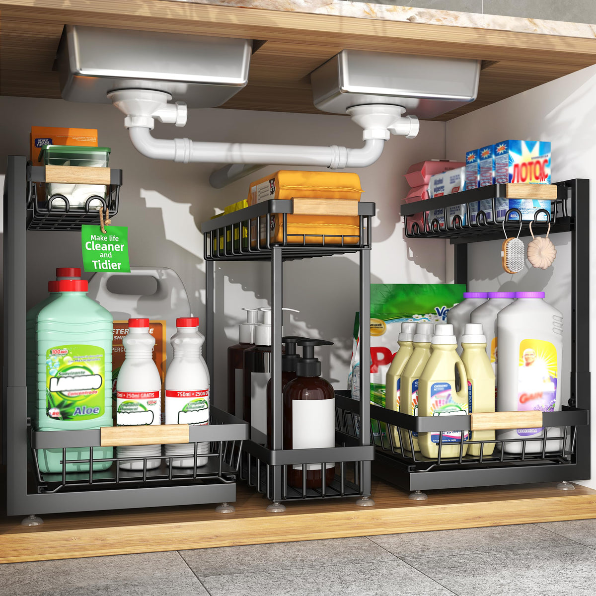 Sevenblue three-pack under sink organizer with pull-out drawers for easy bottle access