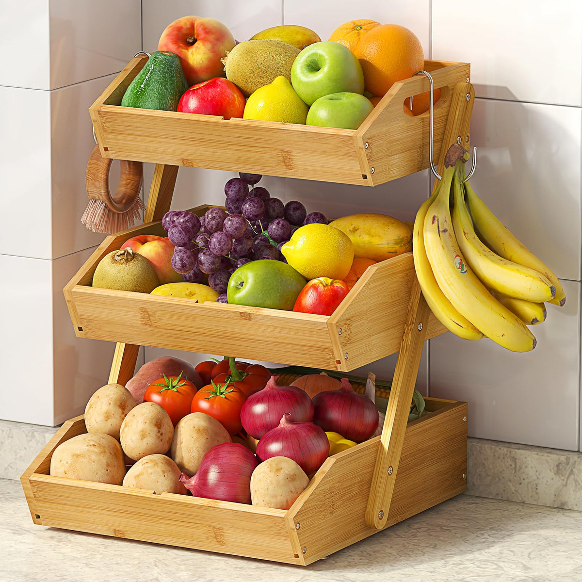 Sevenblue three-tier bamboo fruit basket on counter for organized storage