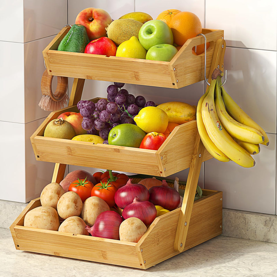 Sevenblue three-tier bamboo fruit basket on counter for organized storage