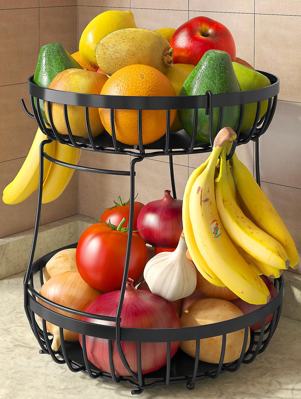 Sevenblue two-tier fruit basket with banana hangers for organized countertop fruit storage.
