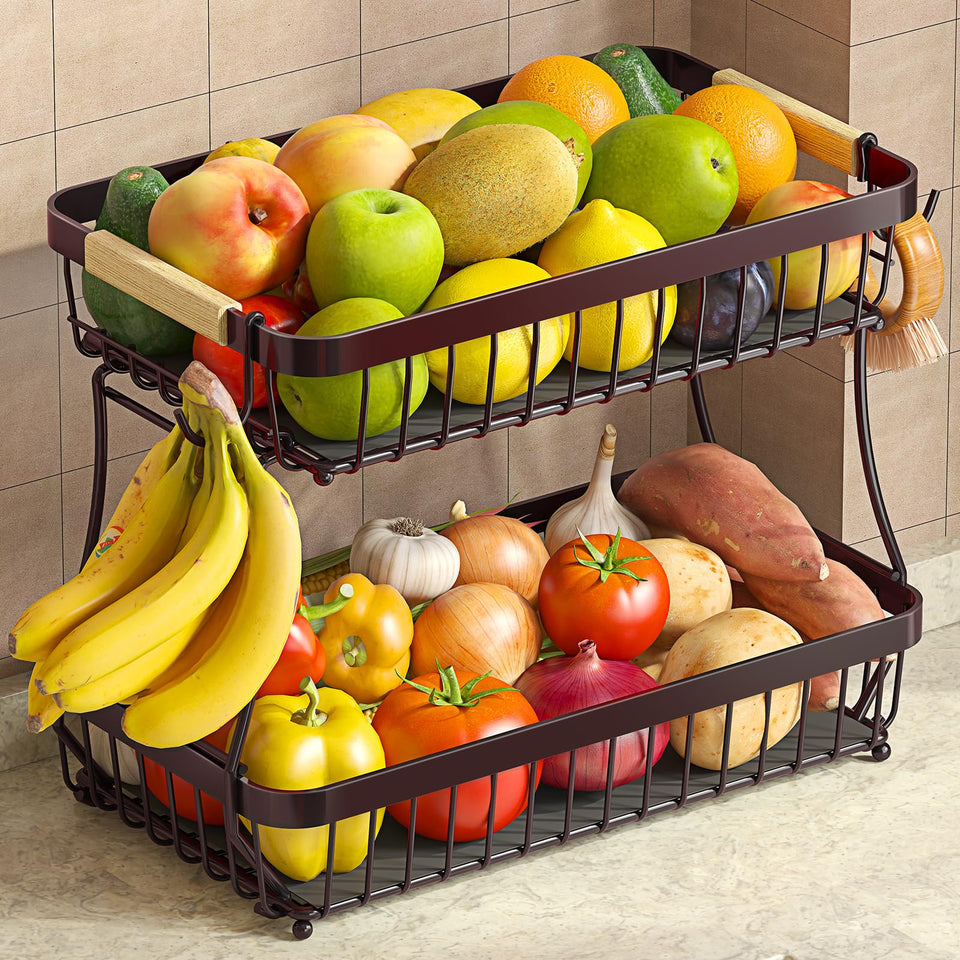 Sevenblue two-tier fruit basket on kitchen counter for organized produce.