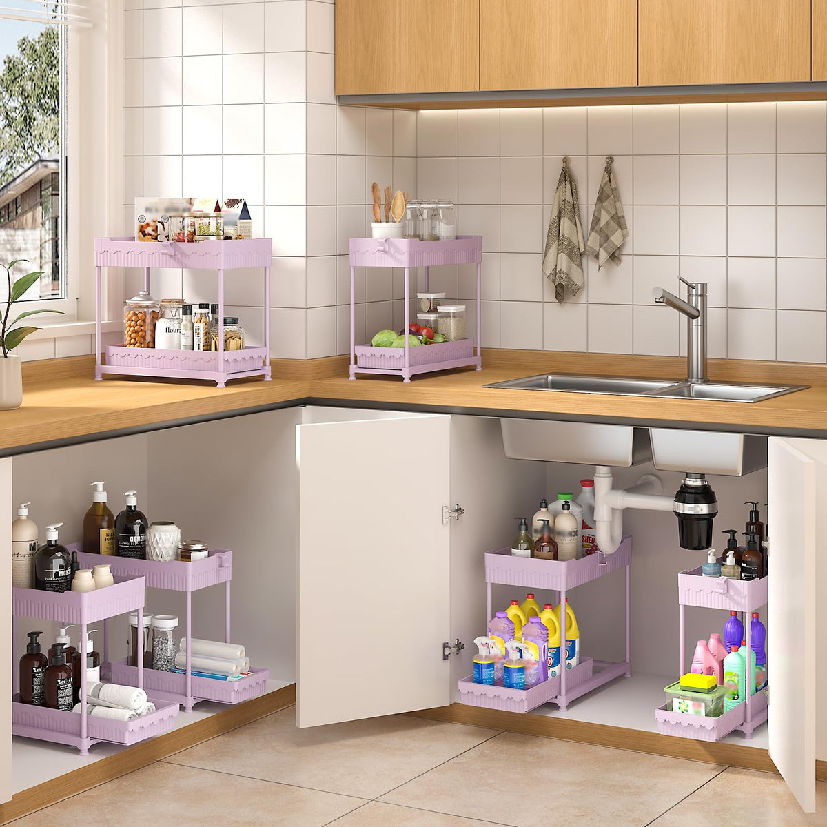 Sevenblue two-tier sliding drawer in pink provides easy reach for items