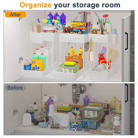 Sevenblue two-tier shelves maximize kitchen and bathroom storage.