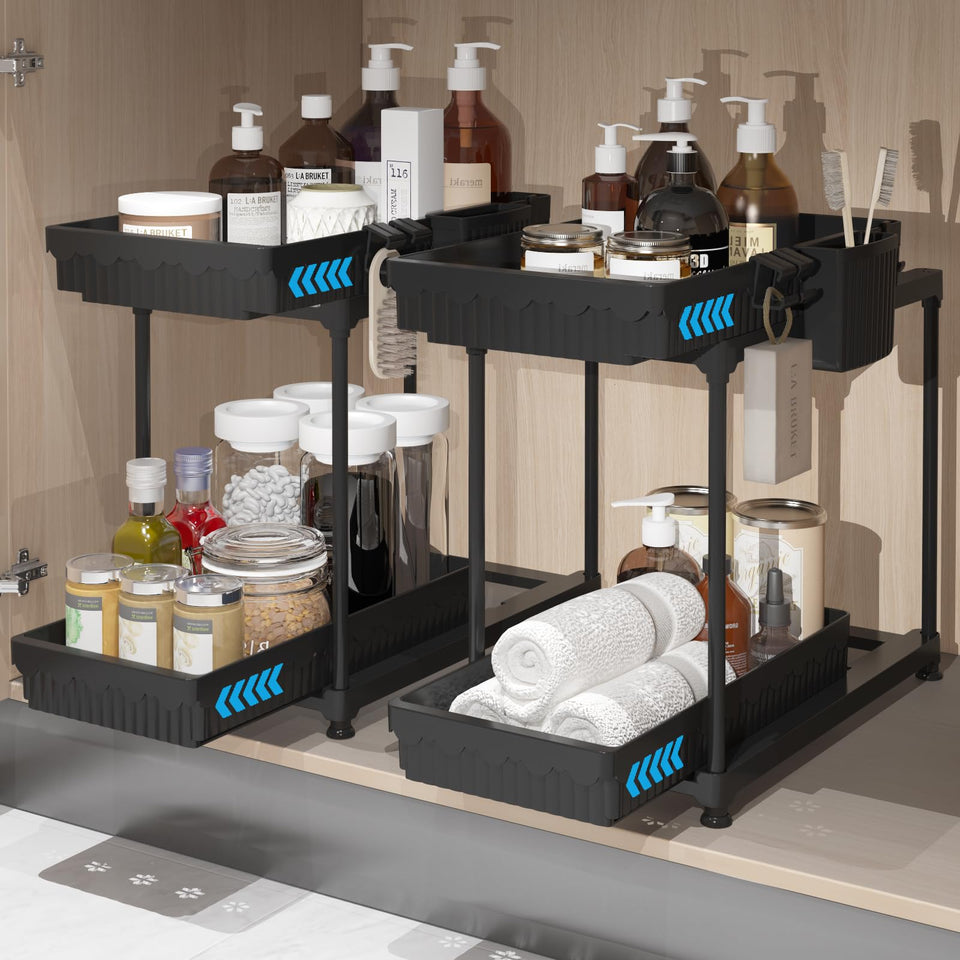 Sevenblue two-tier under-sink organizer front view for easy access and tidy cabinets.