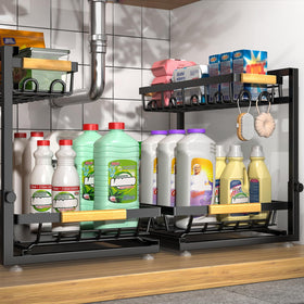 Sevenblue under-sink 2-tier organizer left view showing compact storage potential