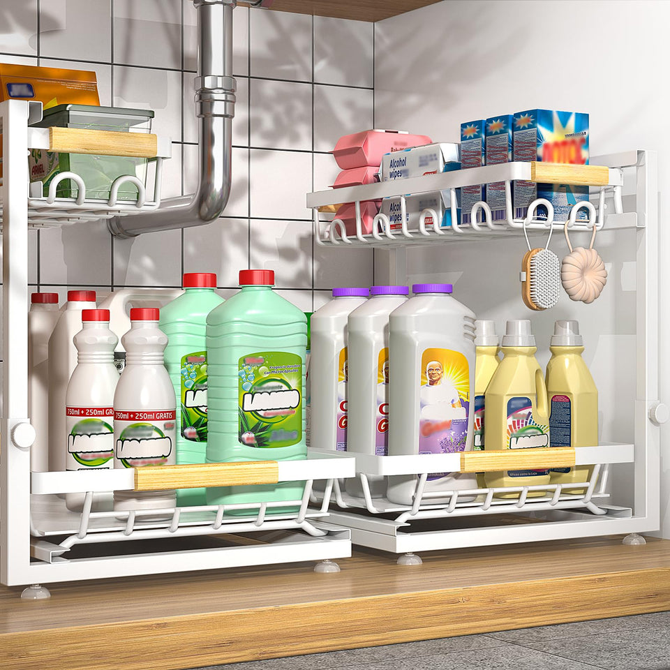 Sevenblue under sink 2-tier organizer frees cabinet space for cleaning supplies.