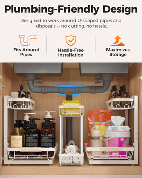 Sevenblue under sink 3-pack with L-shaped fit around plumbing for efficient use.