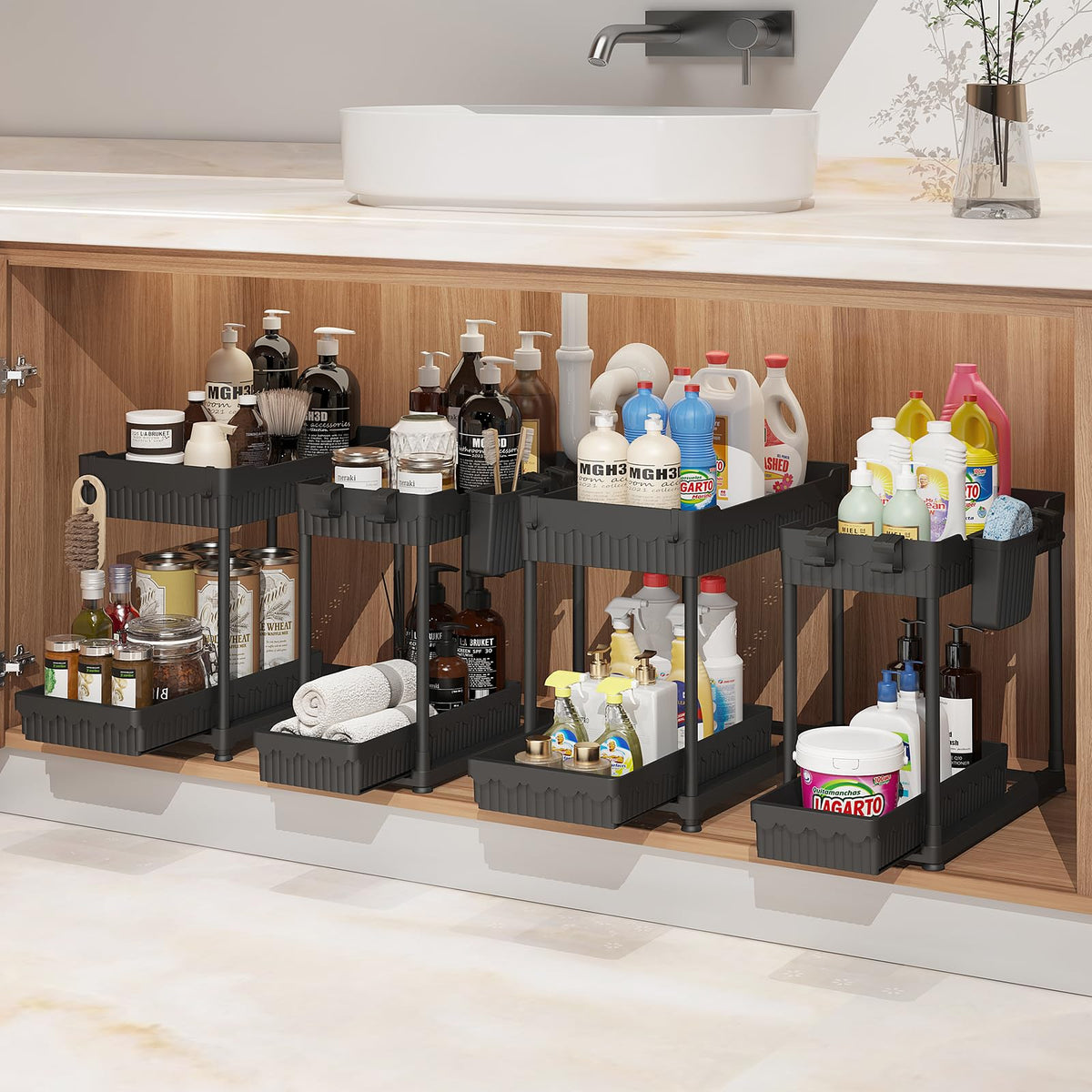 Sevenblue under-sink-organizer with 2-tier pull-out drawer for accessible cleaners