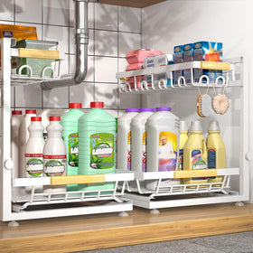 Sevenblue under-sink organizer 3-tier assembly maximizes storage in tight spaces.