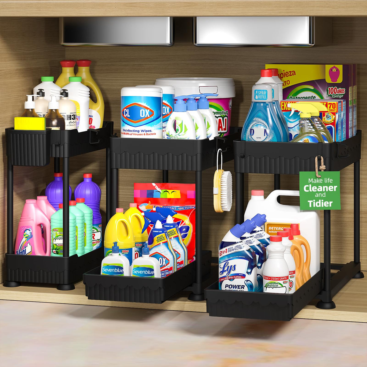 Sevenblue under-sink organizer 3-pack with sliding shelves for easy access.