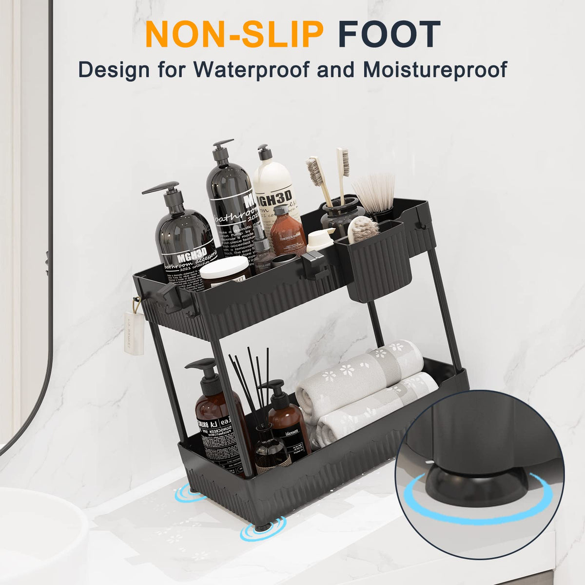 Sevenblue under sink organizer installed under cabinet showing ample clearance