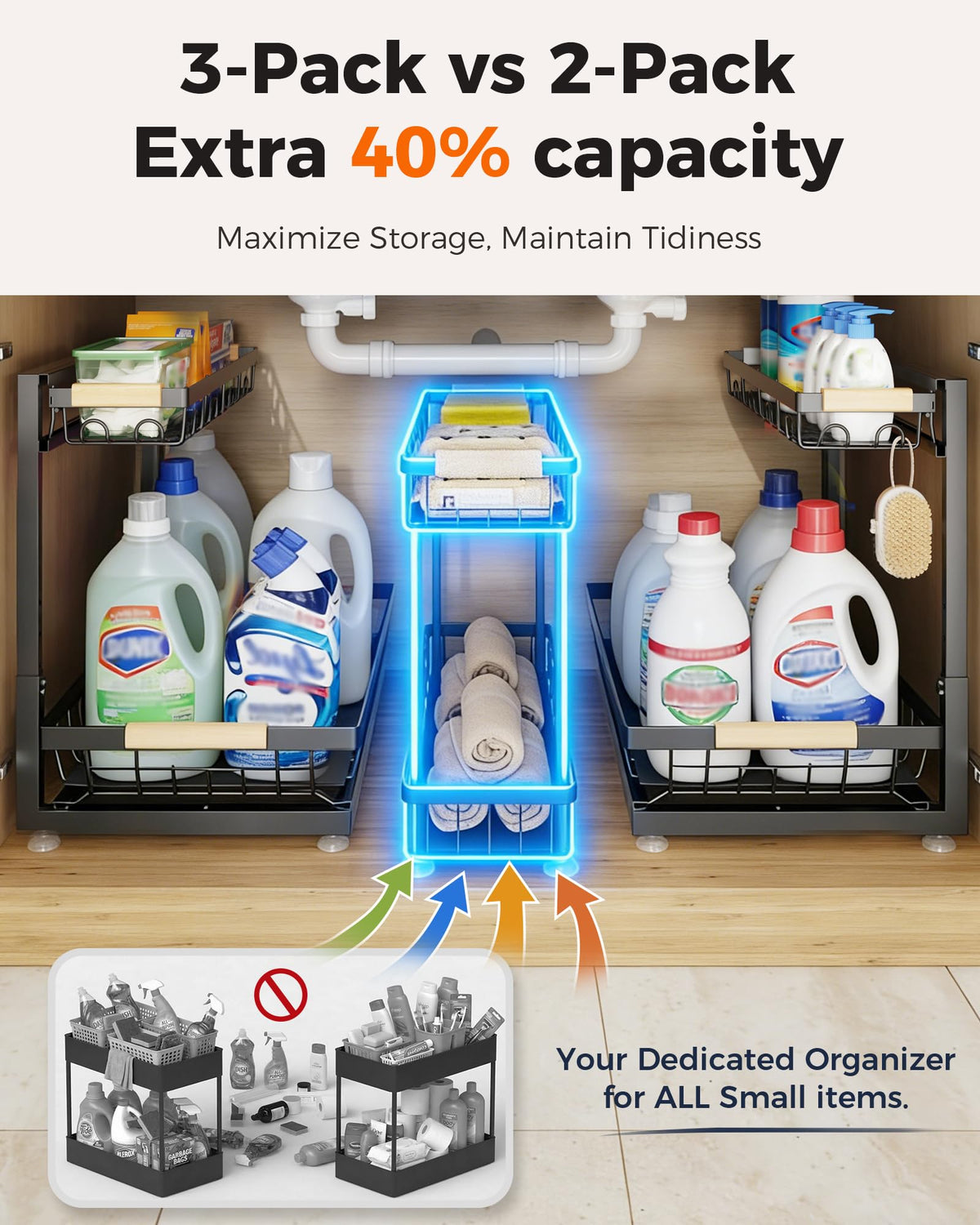 Sevenblue under-sink organizer in an L-shape around plumbing for tight spaces
