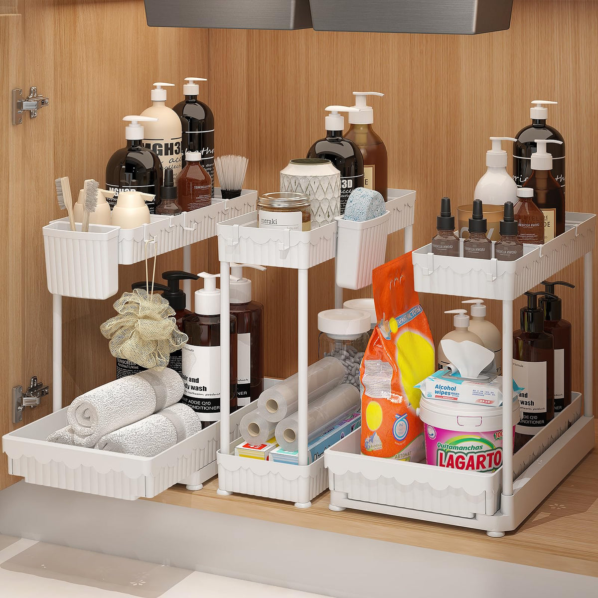 Sevenblue under-sink organizer with L-shaped drawer front for space efficiency.