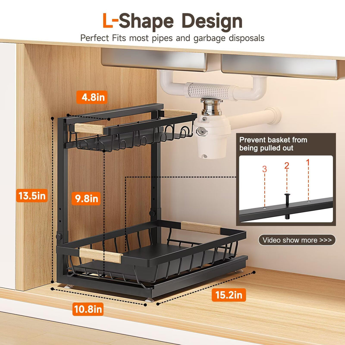 Sevenblue under-sink organizer plumbing-friendly design frees space around pipes for taller items.
