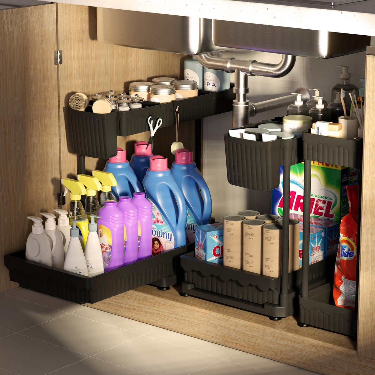 Sevenblue under-sink organizer with pull-out drawers demonstrates easy access and neat storage.