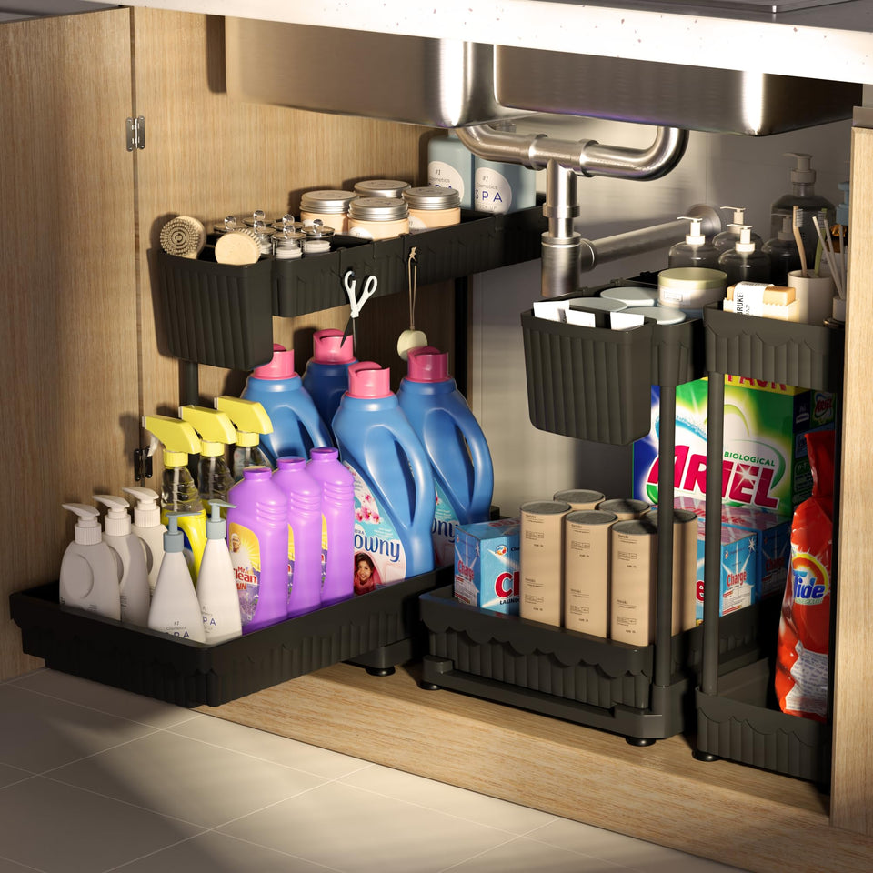 Sevenblue under-sink organizer with pull-out drawers demonstrates easy access and neat storage.