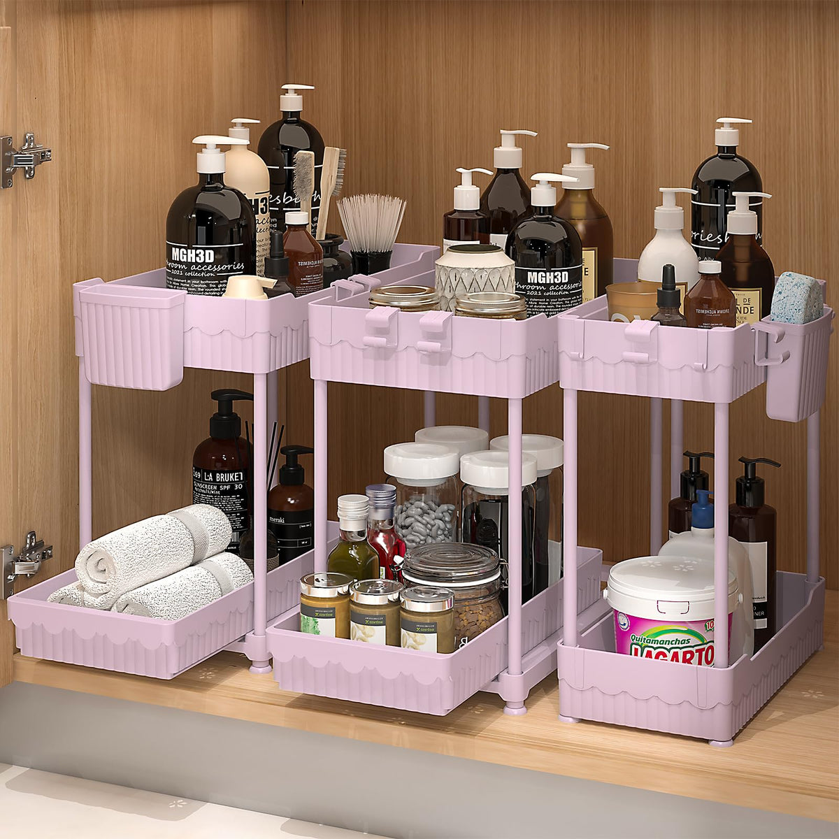 Sevenblue under-sink organizers in pink, compact assembly boosts cabinet storage