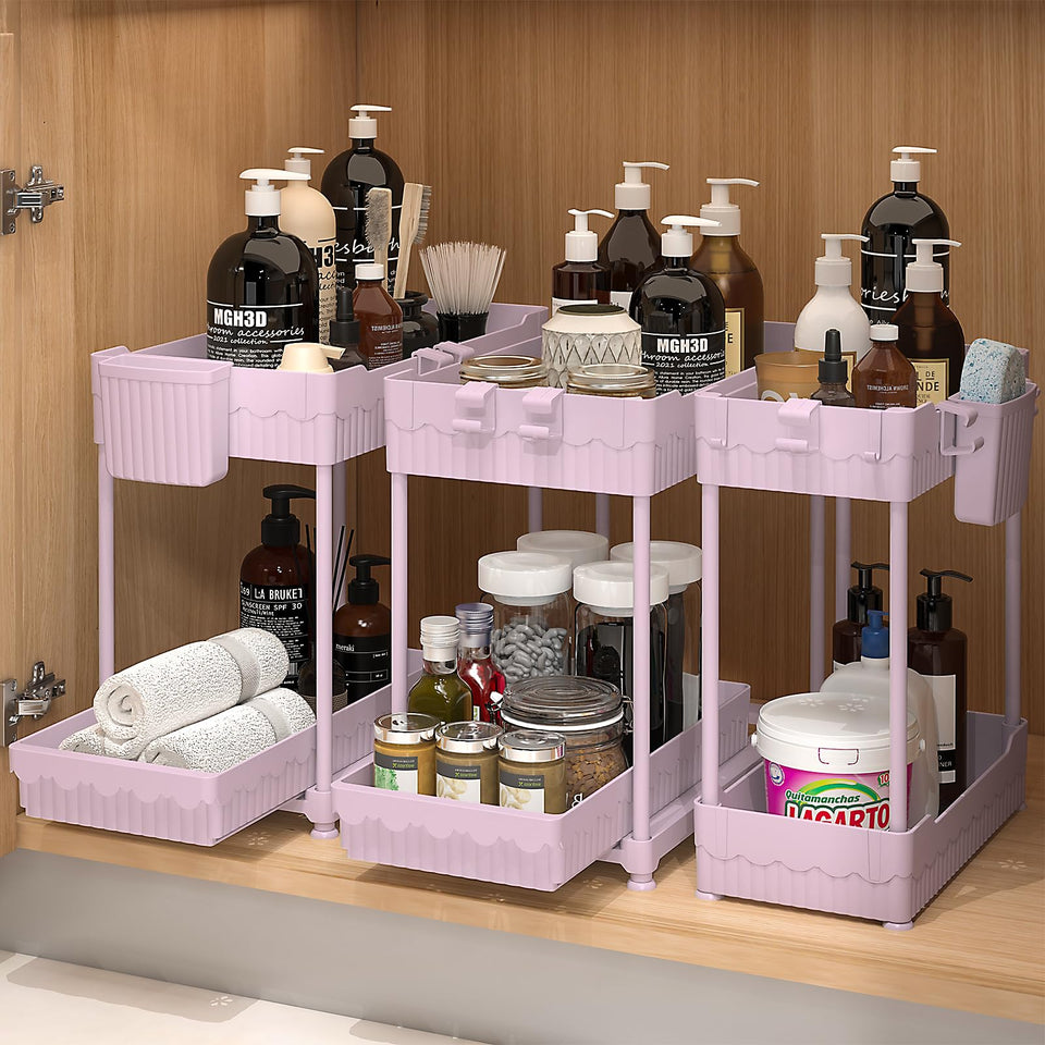 Sevenblue under-sink organizers in pink, compact assembly boosts cabinet storage
