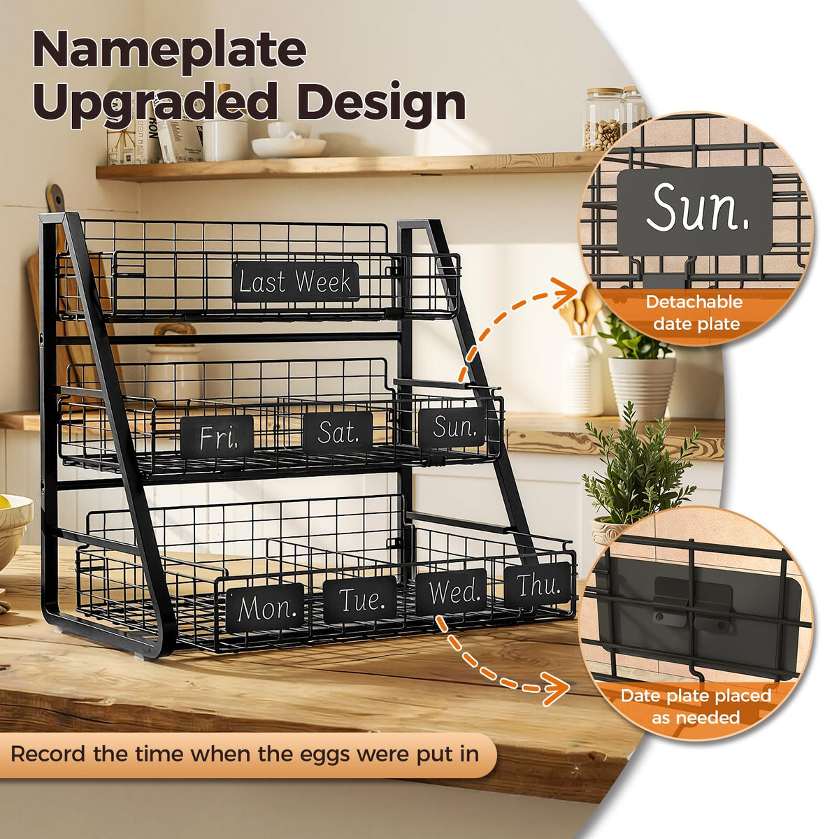 Sevenblue upgraded egg holder 3-tier pull-out basket for easy access and organization