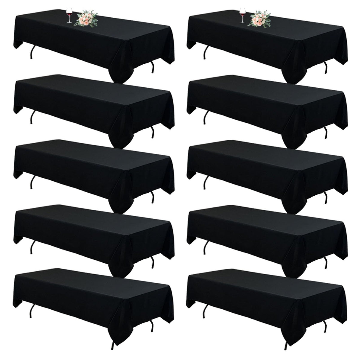 Seveups 10-pack black tablecloths on an 8ft banquet table for a cohesive wedding setup