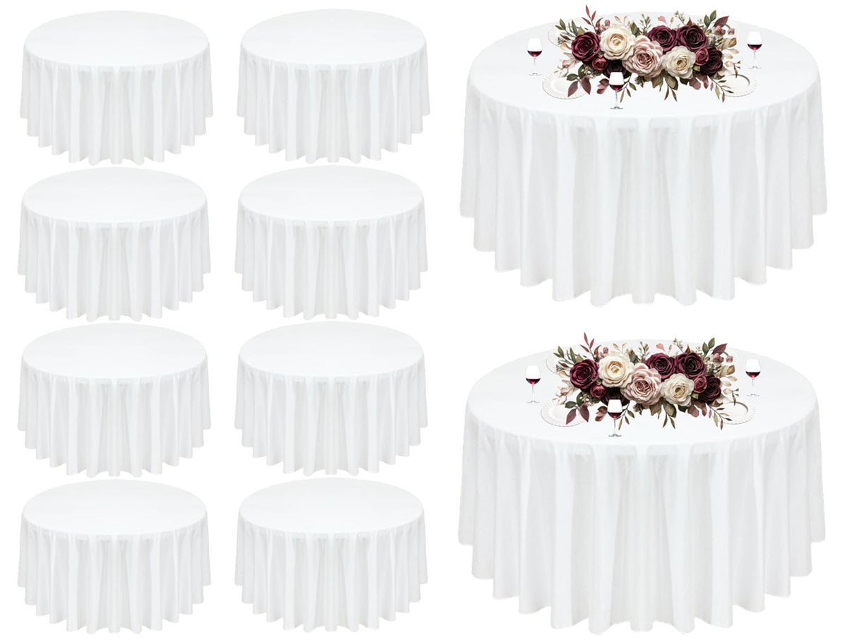 Seveups 10-pack white round tablecloth on a dining setup for elegant events.