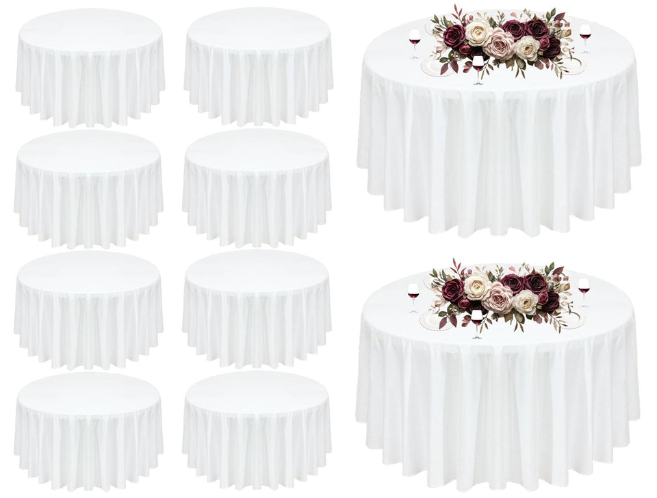 Seveups 10-pack white round tablecloth on a dining setup for elegant events.