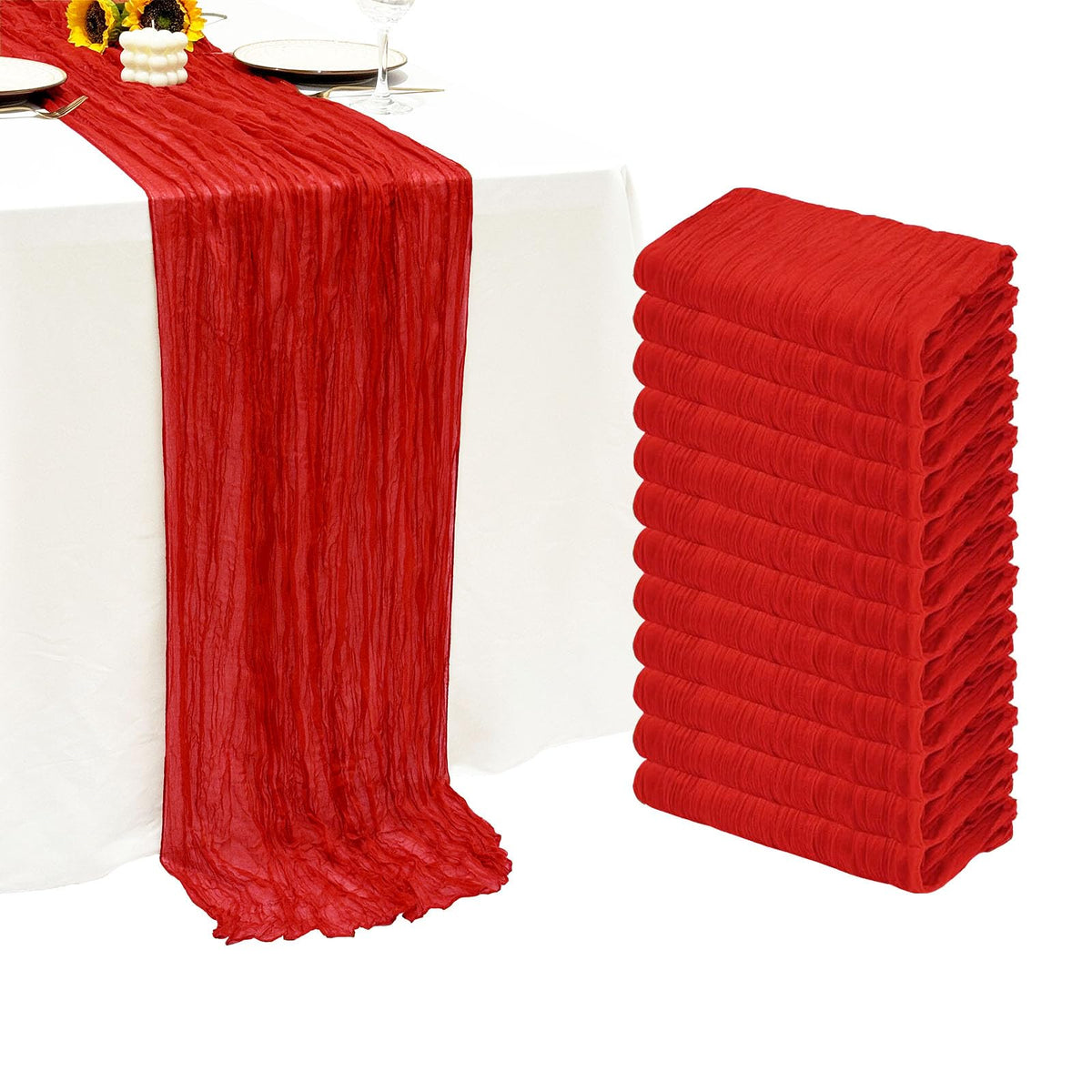 Seveups 12-pack red cheesecloth table runner ready for large banquets