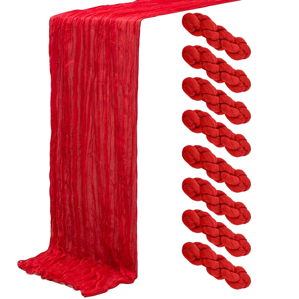 Seveups 8Pack red cheesecloth table runner placed on a table for elegant wedding decor.