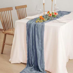 Seveups dusty blue cheesecloth runner wrinkled texture adds sophisticated drape