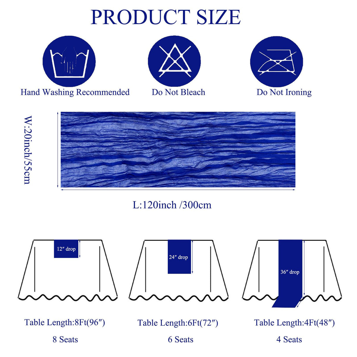 Seveups royal blue cheesecloth table runner highlights pleated edge detailing for refined tablescapes.