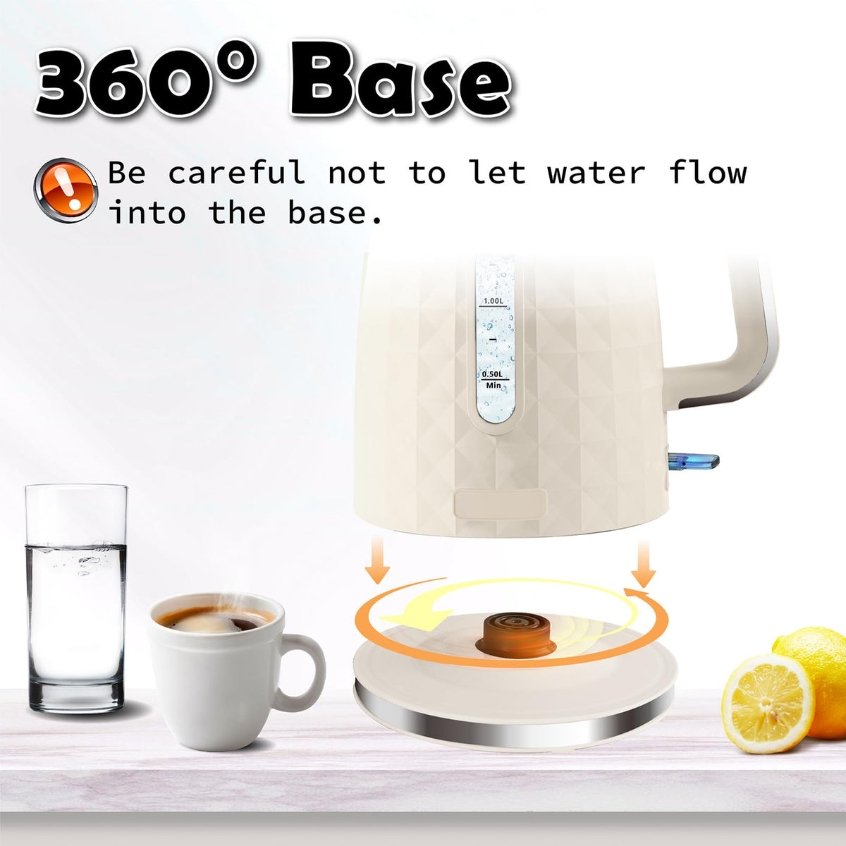 Seydere cordless base with 360° rotation for easy pouring