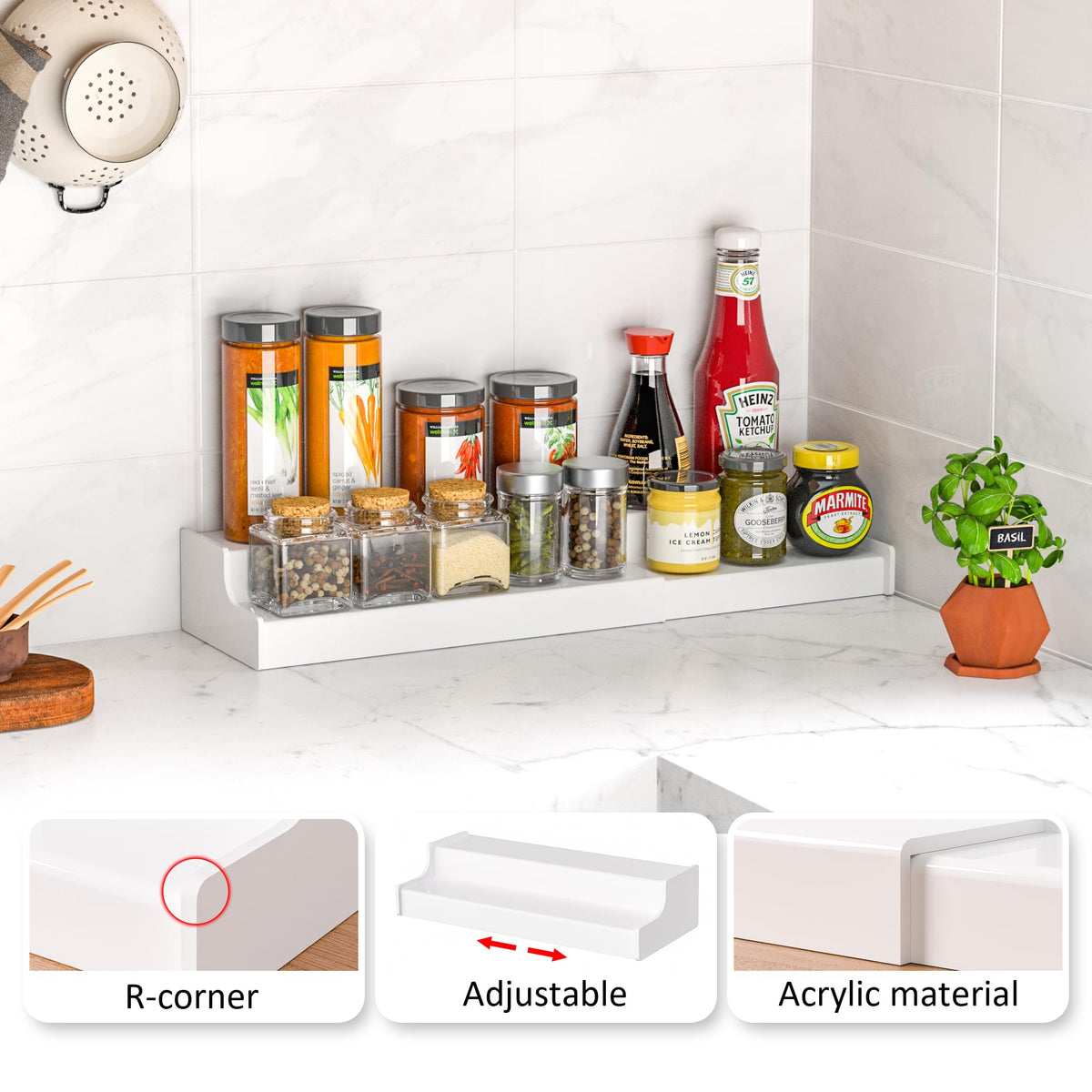 Sezanrpt 2 tier spice rack in cabinet demonstrates expandable storage.
