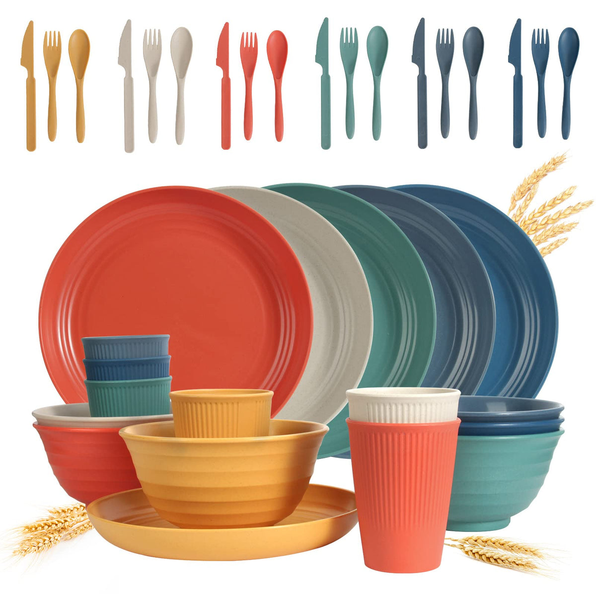 SGAOFIEE 36-piece wheat straw dinnerware for everyday meals, lightweight and durable.