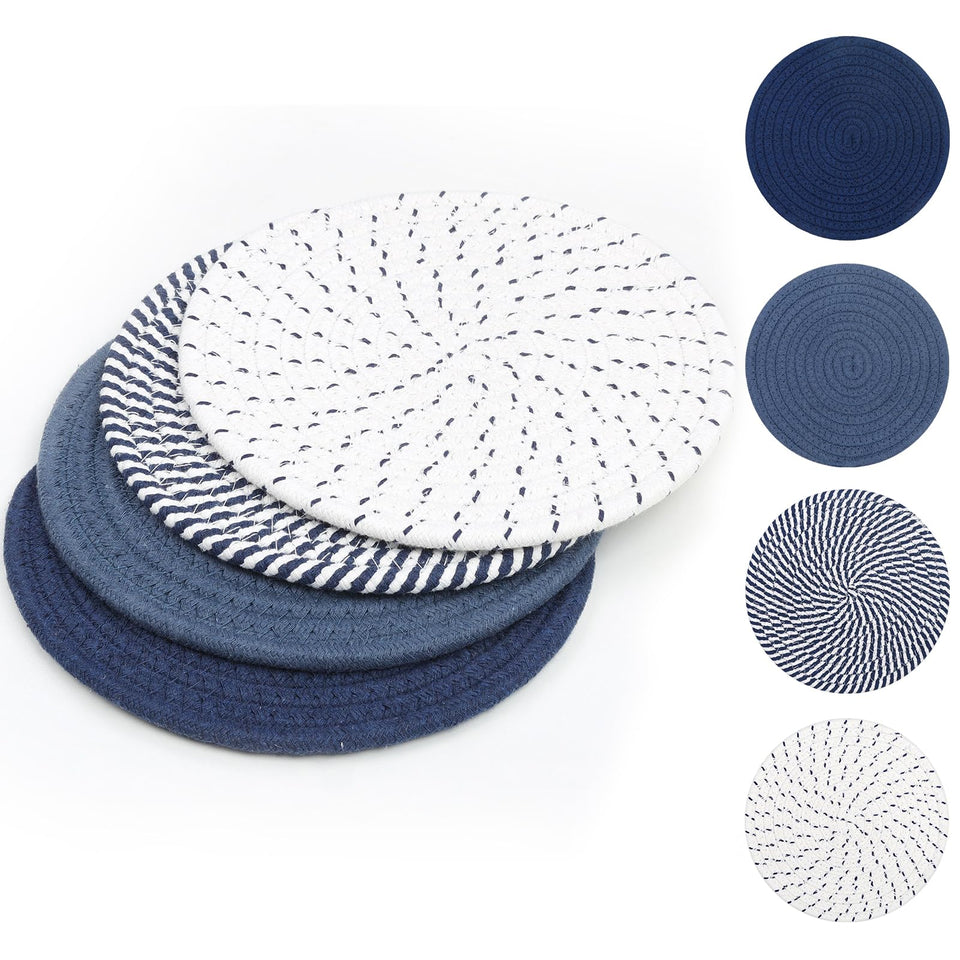 SHACOS 8-inch blue trivet on table protects surface from heat