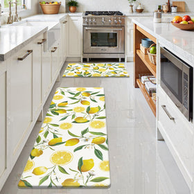 SHACOS lemon print design on kitchen mats brightens the cooking area