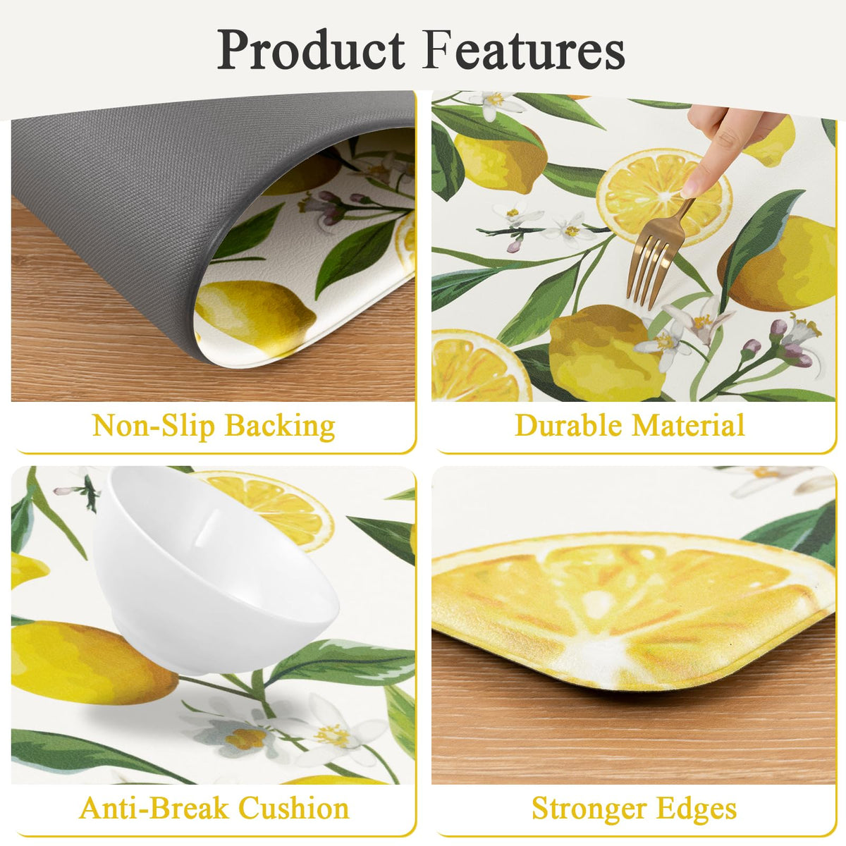 SHACOS lemon kitchen mats top texture close-up shows non-slip surface