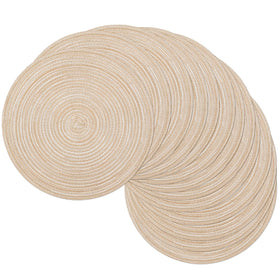 SHACOS beige round placemats with braided design protecting surfaces and adding texture.