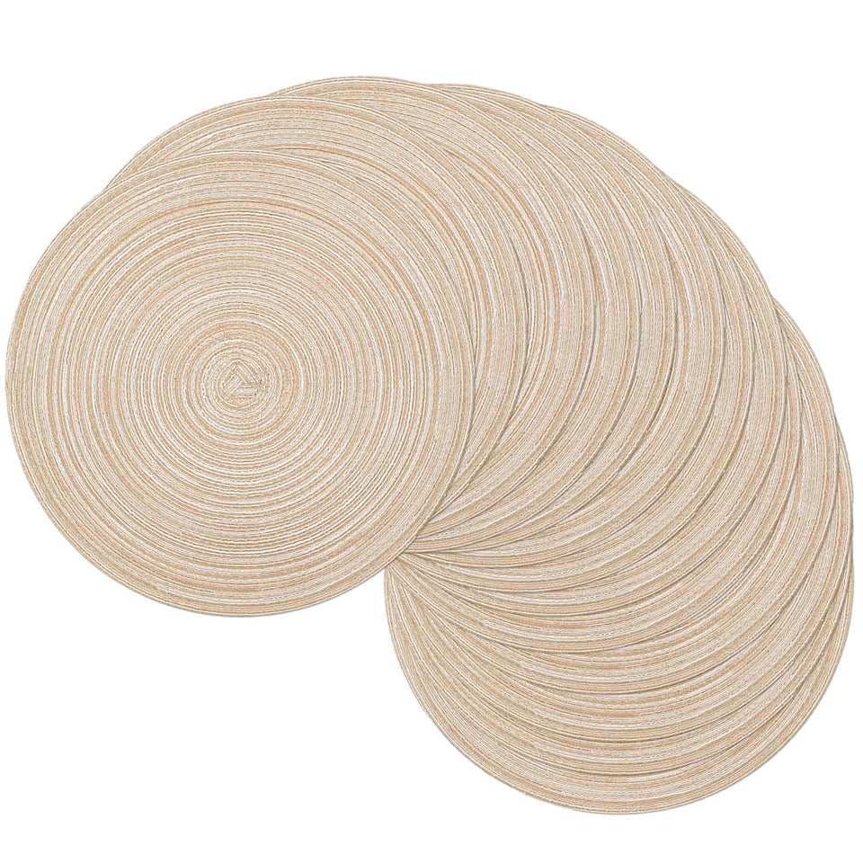 SHACOS beige round placemats with braided design protecting surfaces and adding texture.