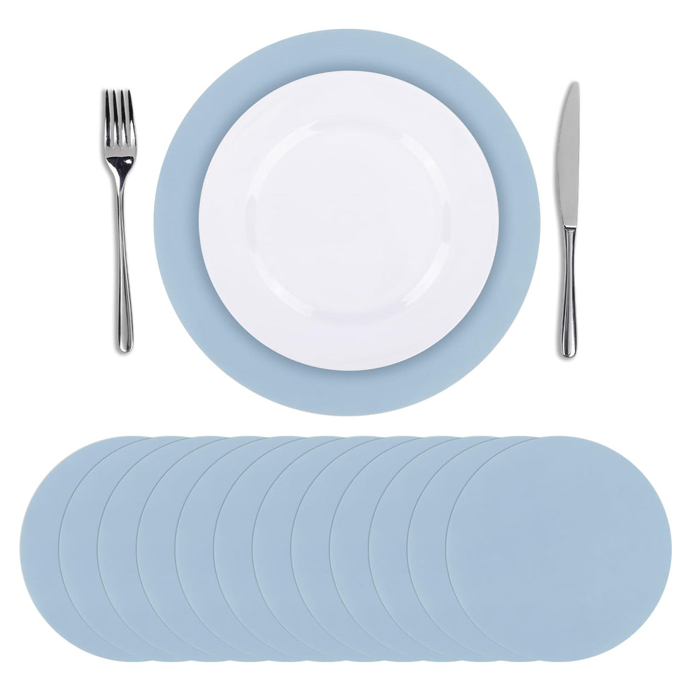 SHACOS dusty blue round placemats, 13-inch, protecting tabletops during meals.