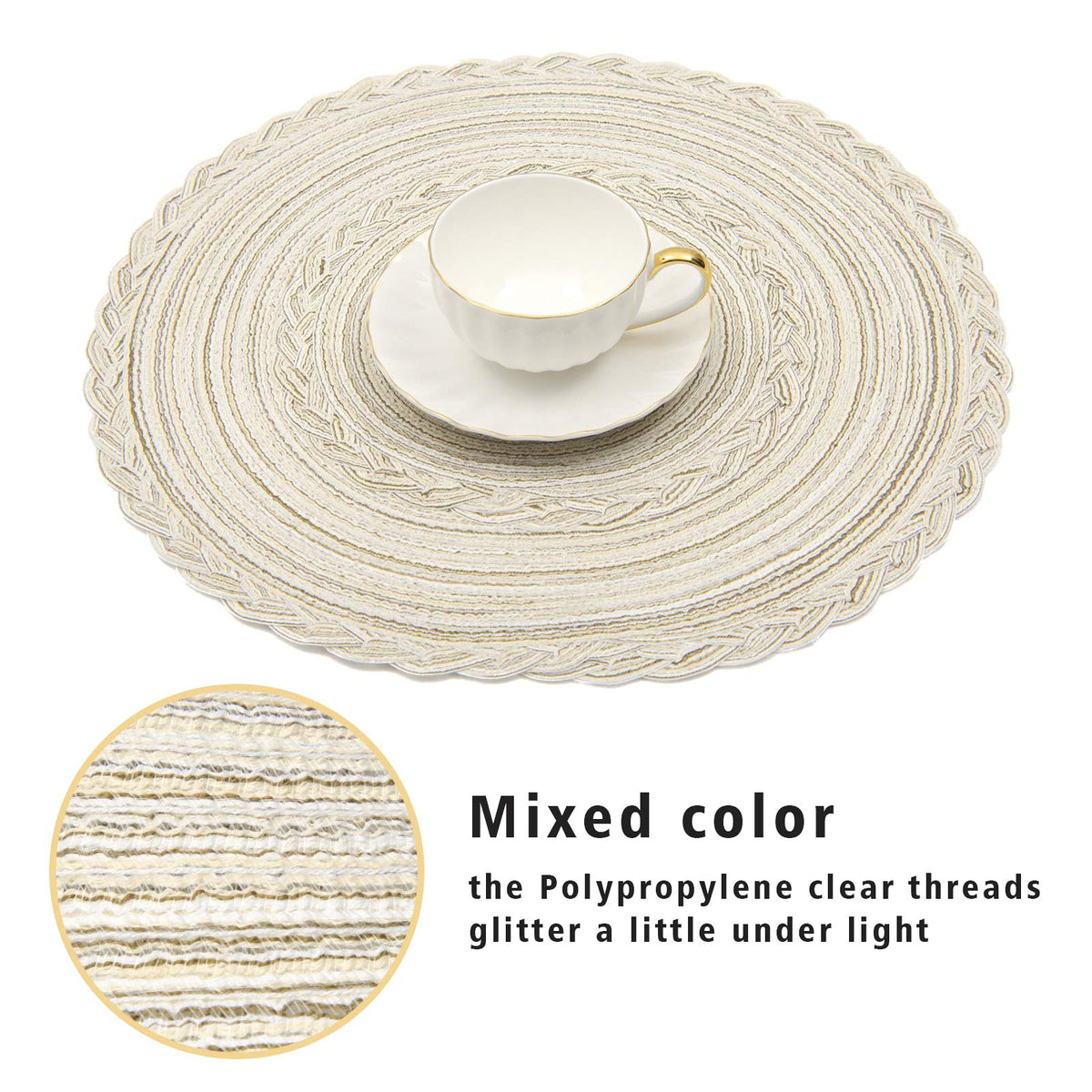 SHACOS 15-inch placemats show size compatibility with dinnerware.