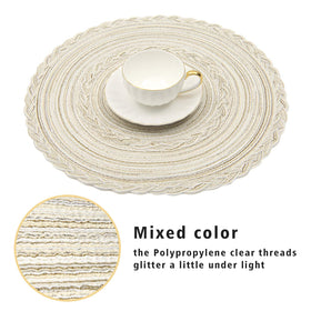 SHACOS 15-inch placemats show size compatibility with dinnerware.