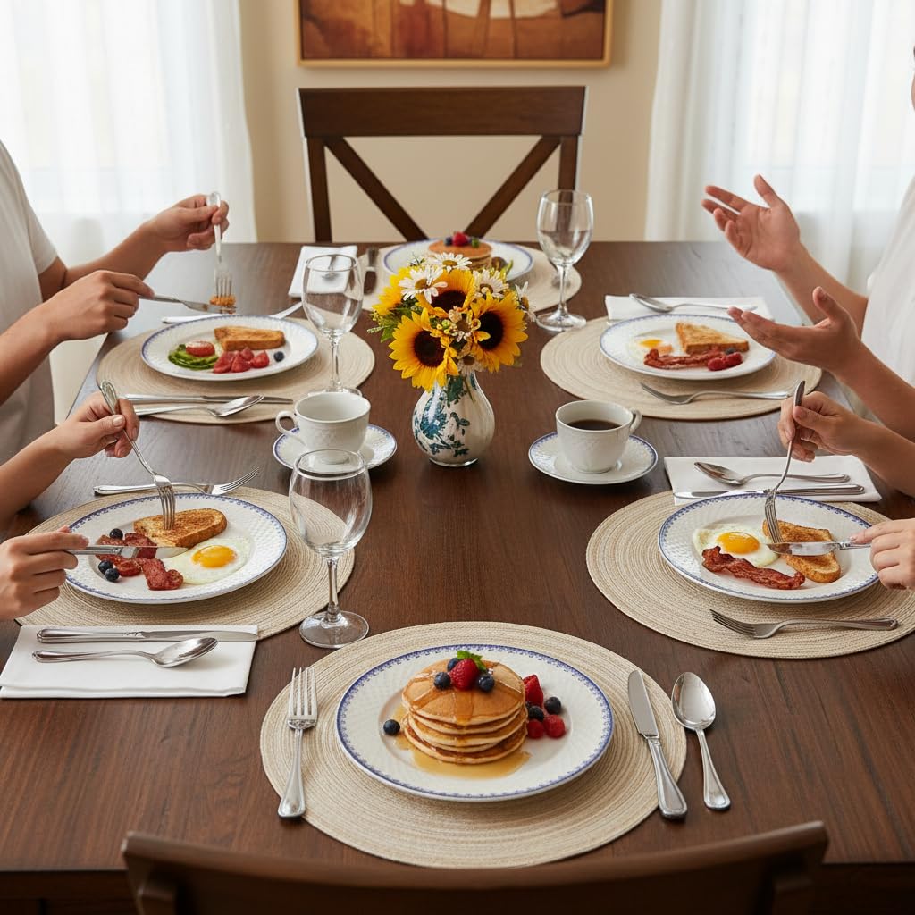 SHACOS placemats on a rustic table set for a family dinner