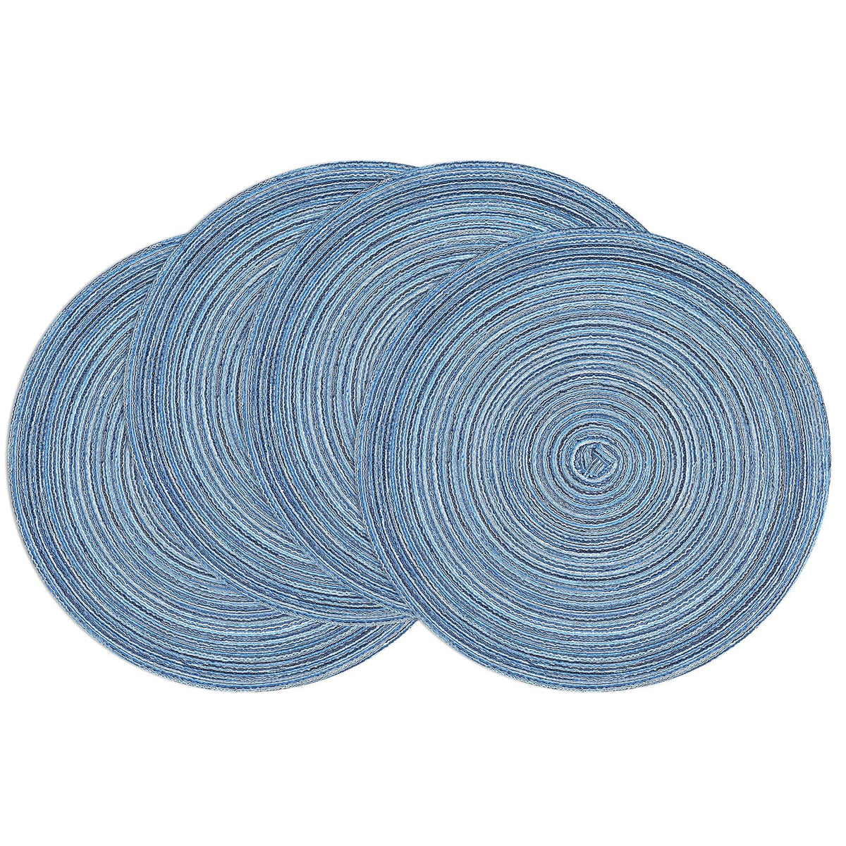 SHACOS round braided placemats in blue-gray on dining table protect surfaces