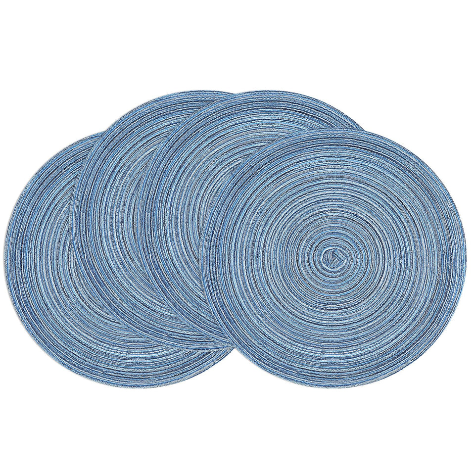 SHACOS round braided placemats in blue-gray on dining table protect surfaces