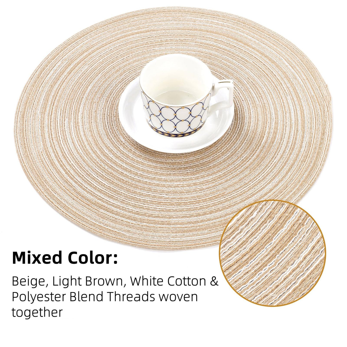 SHACOS beige braided placemats with intricate pattern close-up
