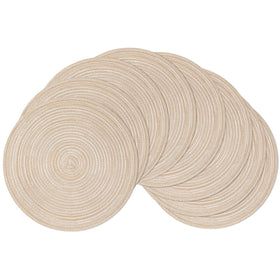 SHACOS round beige braided placemats protecting tabletops while adding subtle shine