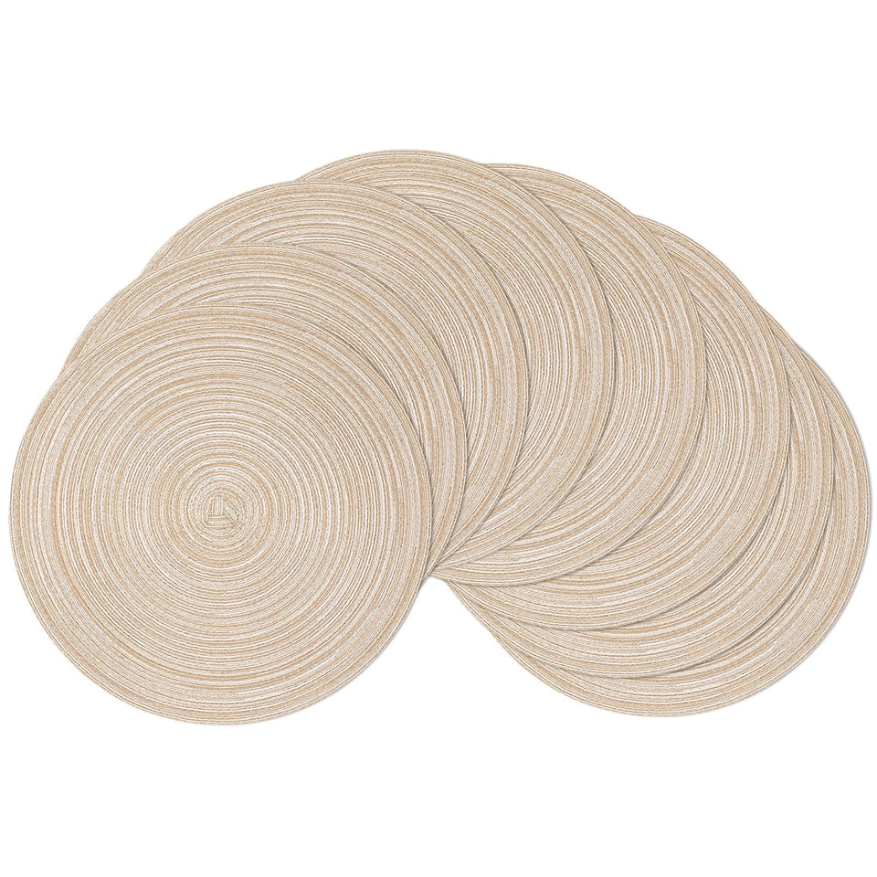 SHACOS round beige braided placemats protecting tabletops while adding subtle shine