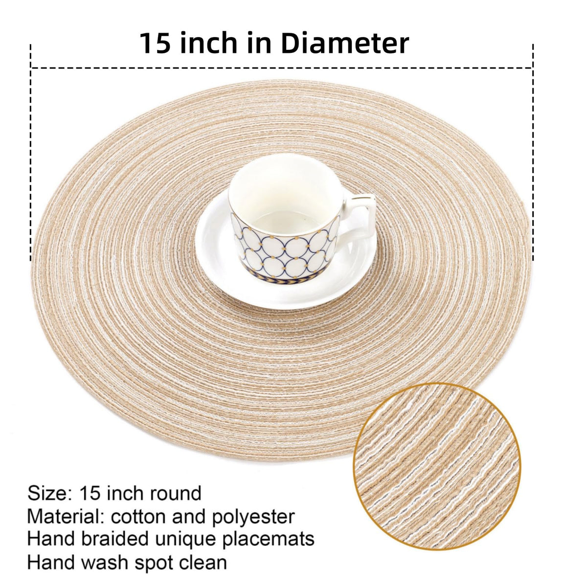 SHACOS beige round placemat detail highlighting the woven pattern
