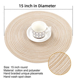 SHACOS beige round placemat detail highlighting the woven pattern